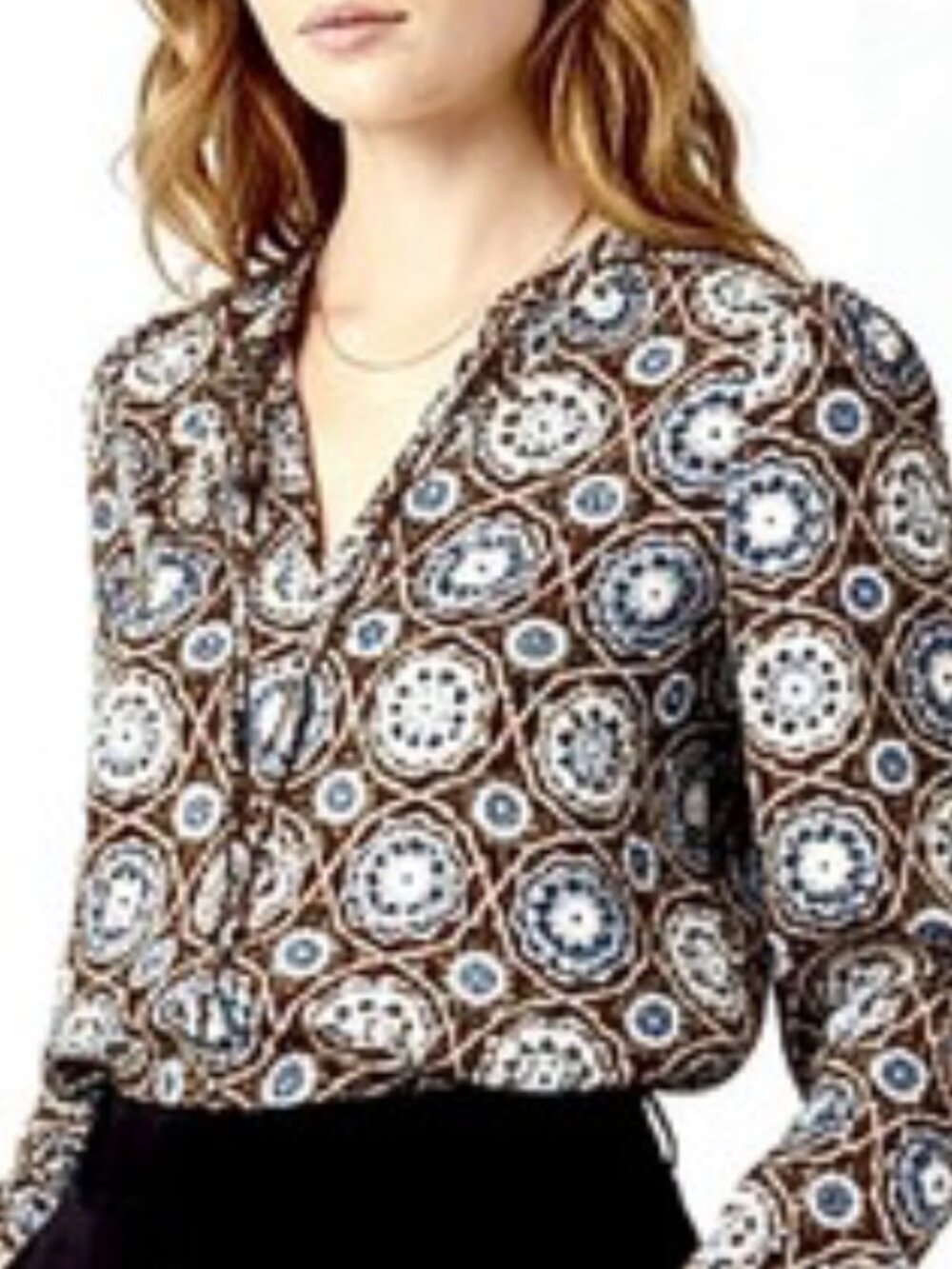 Tory Burch Silk Triple Tie Blouse Moroccan Print Brown Blue Size 2 - Picture 2 of 15